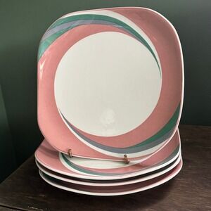 Sango Quadrille Pinwheel Pink Dinner Plates Set of 4 Square 5206 Mandy Klein 80s